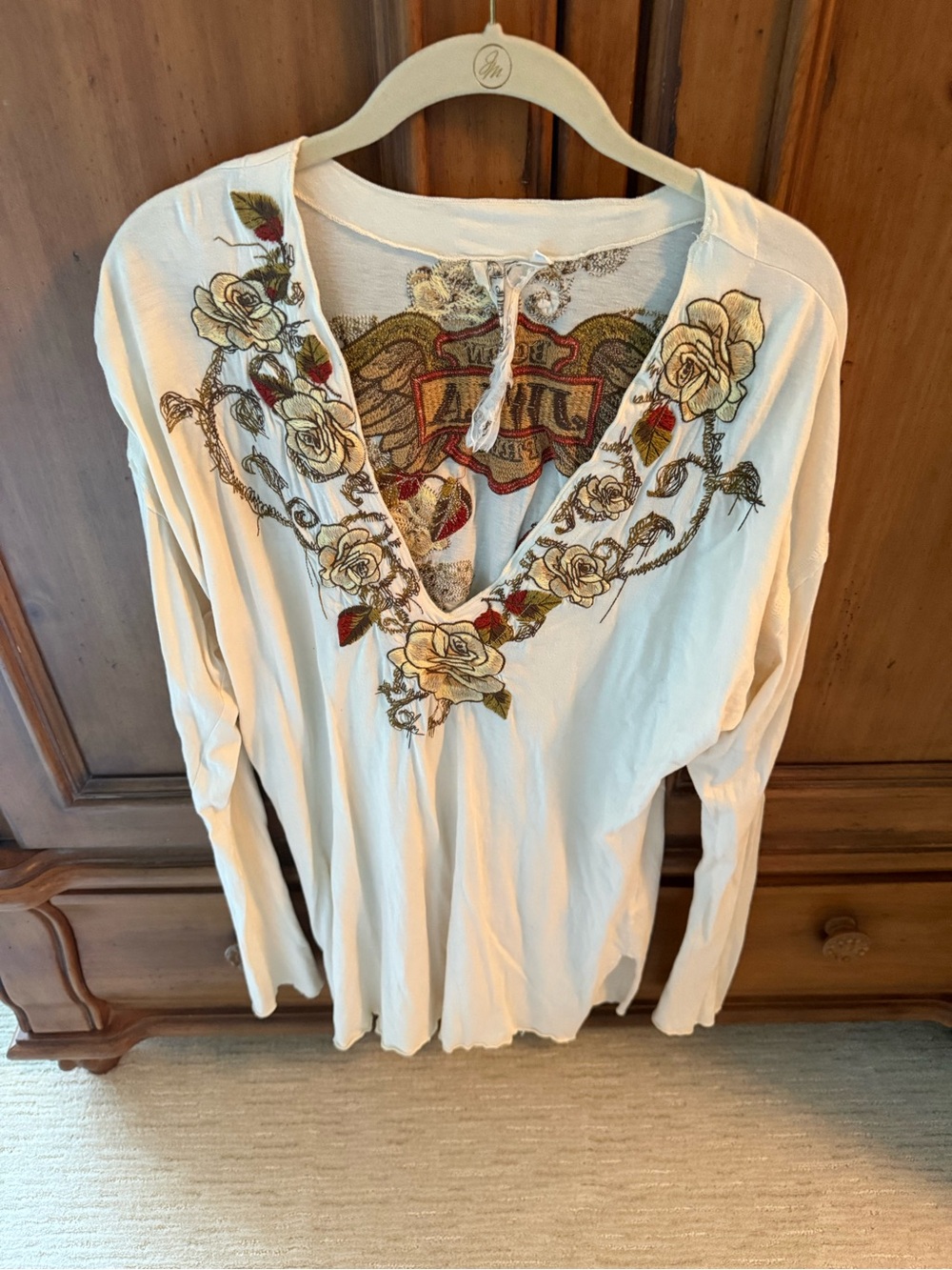 Johnny Was Cream Long Sleeve V-Neck Top with Floral Embroidery
